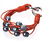 Fashion Multilayer- 10 -11mm Natural Black Süßwasser-Zuchtperlen und orange Leder -Armband mit Doppel - Ring- Verschluss