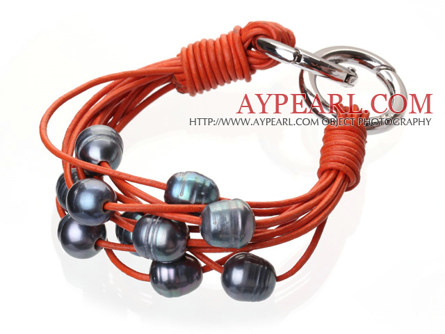 Mode Multilayer 10 - 11mm Natural Svart Sötvatten Pearl och orange läder armband med dubbel -Ring Lås