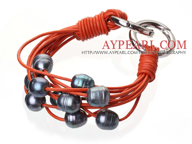 Fashion Multilayer 10-11mm Natural Black Freshwater Pearl And Orange Leather Bracelet With Double-Ring Clasp