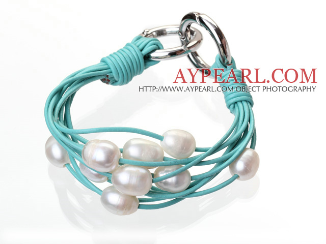Fashion Multilayer- 10 -11mm Natural White Süßwasser-Zuchtperlen und blaue Leder -Armband mit Doppel - Ring- Verschluss