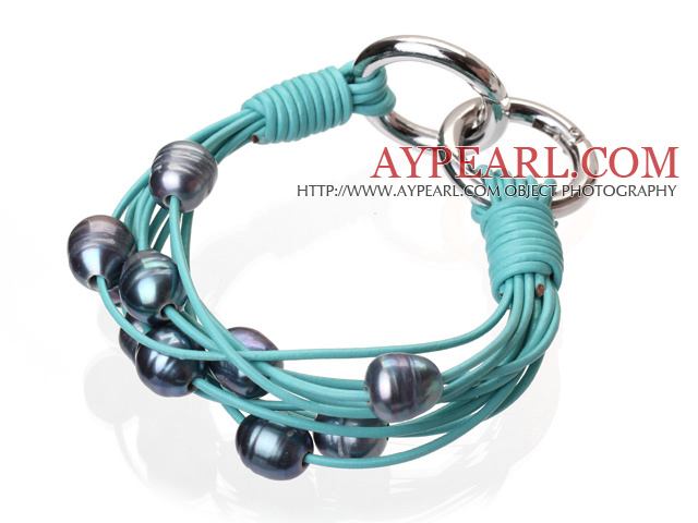 Mode Multilayer 10 - 11mm Natural Svart Sötvatten Pearl och blå läder armband med dubbel -Ring Lås