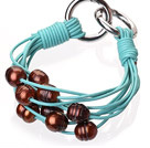 Fashion Multilayer 10-11mm Natural Brown Freshwater Pearl And Blue Leather Bracelet With Double-Ring Clasp