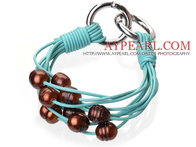 Fashion Multilayer 10-11mm Natural Brown Freshwater Pearl And Blue Leather Bracelet With Double-Ring Clasp