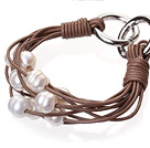 Fashion Multilayer 10-11mm Natural White Freshwater Pearl And Brown Leather Bracelet With Double-Ring Clasp