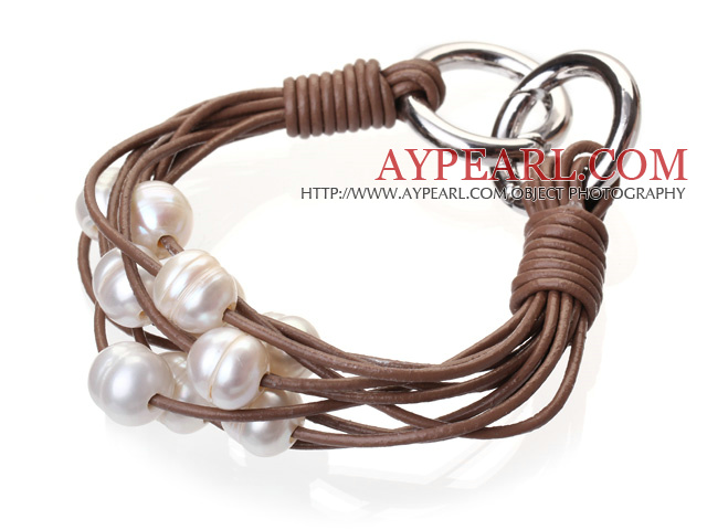 Moda multistrat 10 - 11mm natural alb de apă dulce Pearl și maro Bratara din piele cu dublu - Ring incuietoare