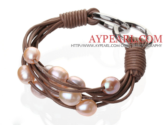 Mode multicouche 10 - 11mm d'eau douce rose de perles naturelles et Bracelet en cuir brun avec double anneau fermoir