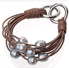 Fashion Multilayer 10-11mm Natural Gray Freshwater Pearl And Brown Leather Bracelet With Double-Ring Clasp