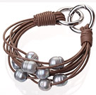 Fashion Multilayer- 10 -11mm natürliche Frischwasserperlen grau und braun Leder -Armband mit Doppel - Ring- Verschluss