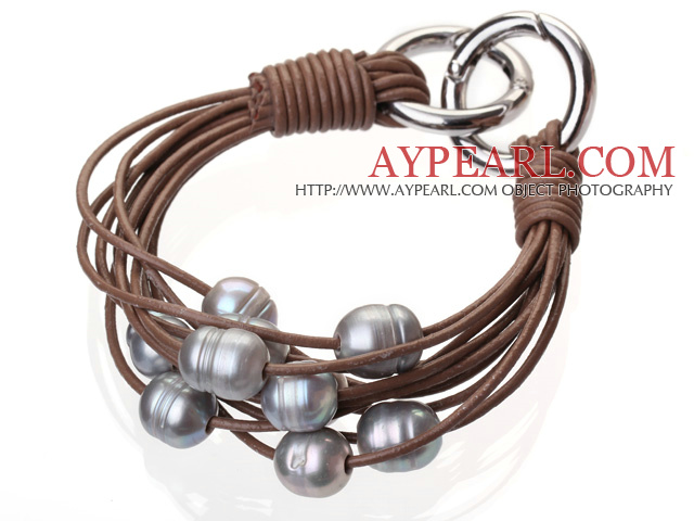 Fashion Multilayer 10-11mm Natural Gray Freshwater Pearl And Brown Leather Bracelet With Double-Ring Clasp
