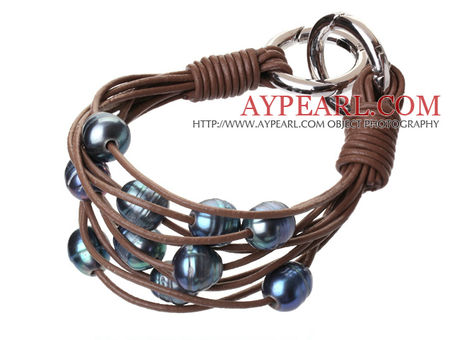 Fashion Multilayer 10-11mm Natural Black Freshwater Pearl And Brown Leather Bracelet With Double-Ring Clasp