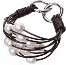 Popular Multi Strands Natural 10-11mm White Freshwater Pearl And Dark Brown Leather Bracelet With Double-Ring Clasp