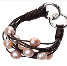 Wholesale Popular Multi Strands Natural 10-11mm Pink Freshwater Pearl And Dark Brown Leather Bracelet With Double-Ring Clasp