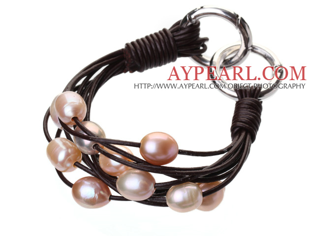 Popular Multi Strands Natural 10-11mm Pink Freshwater Pearl And Dark Brown Leather Bracelet With Double-Ring Clasp