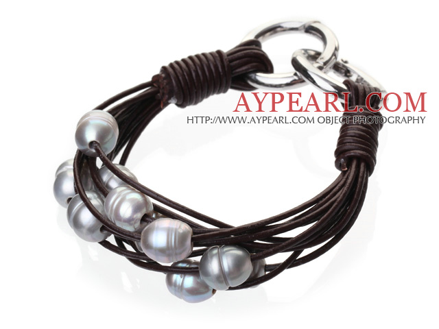 Popular Multi Strands Natural 10-11mm Gray Freshwater Pearl And Dark Brown Leather Bracelet With Double-Ring Clasp