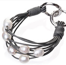Popular Multi Strands Natural 10-11mm White Freshwater Pearl And Dark Grey Leather Bracelet With Double-Ring Clasp