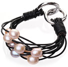 Popular Multi Strands Natural 10-11mm Pink Freshwater Pearl And Black Leather Bracelet With Double-Ring Clasp