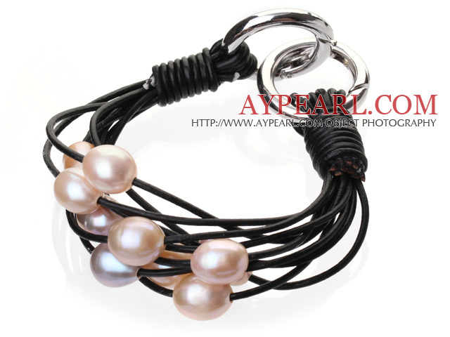 Populaire multi brins naturel 10 - 11mm rose perle d'eau douce et noir Bracelet en cuir avec double anneau fermoir