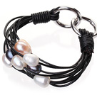 Wholesale Popular Multi Strands Natural 10-11mm Multi Color Freshwater Pearl And Black Leather Bracelet With Double-Ring Clasp