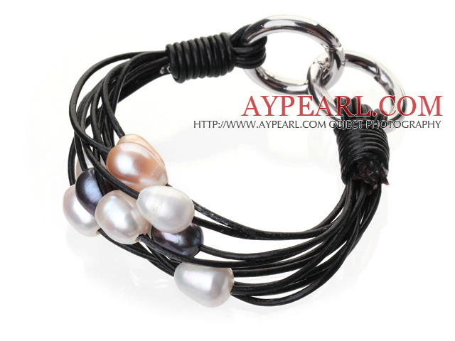 Popular Multi Strands Natural 10-11mm Multi Color Freshwater Pearl And Black Leather Bracelet With Double-Ring Clasp