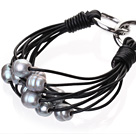 Popular Multi Strands Natural 10-11mm Gray Freshwater Pearl And Black Leather Bracelet With Double-Ring Clasp