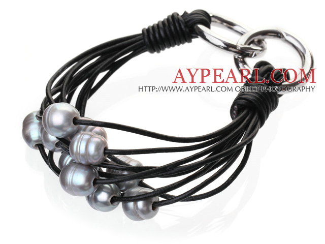 Popular Multi Strands Natural 10-11mm Gray Freshwater Pearl And Black Leather Bracelet With Double-Ring Clasp