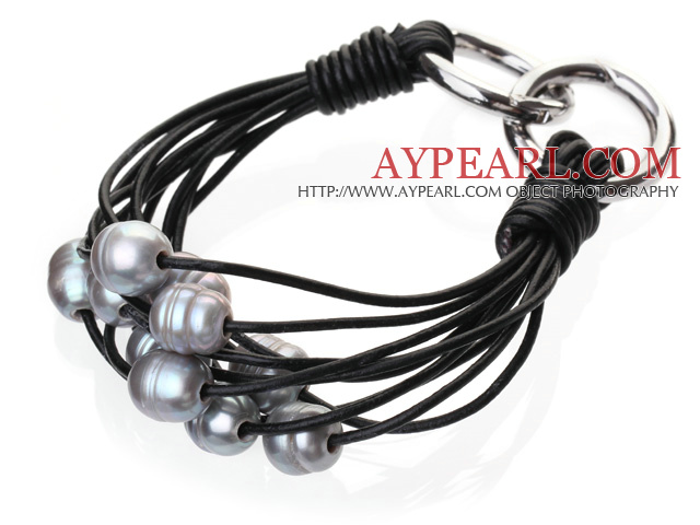 Populære Multi Strands Natural 10 - 11mm Ferskvann Pearl grå og svart lær armbånd med Double - ring lås