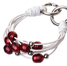 Fashion Multilayer 10-11mm Natural Red Freshwater Pearl And White Leather Bracelet With Double-Ring Clasp