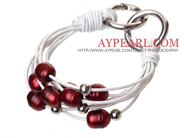 Fashion πολυστρωματικές 10 -11mm Φυσικό κόκκινο μαργαριτάρι γλυκού νερού και λευκό δερμάτινο βραχιόλι με διπλό Ring Κούμπωμα
