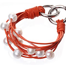 Fashion Multilayer 10-11mm Natural White Freshwater Pearl And Orange Leather Bracelet With Double-Ring Clasp