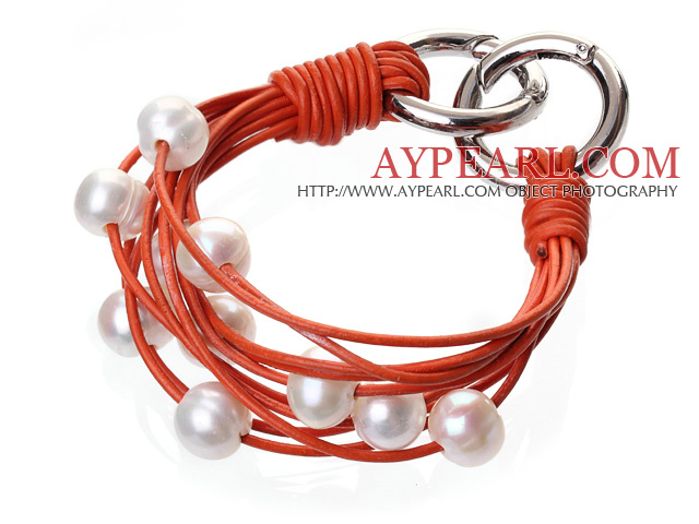 Mode Multilayer 10 - 11mm Natural White Freshwater Pearl och orange läder armband med dubbel -Ring Lås