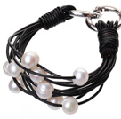 Fashion Multilayer 10-11mm Natural White Freshwater Pearl And Black Leather Bracelet With Double-Ring Clasp