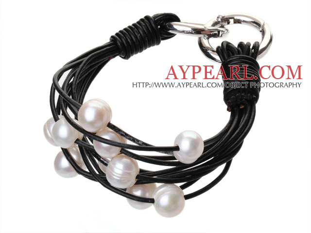 Fashion Multilayer 10-11mm Natural White Freshwater Pearl And Black Leather Bracelet With Double-Ring Clasp