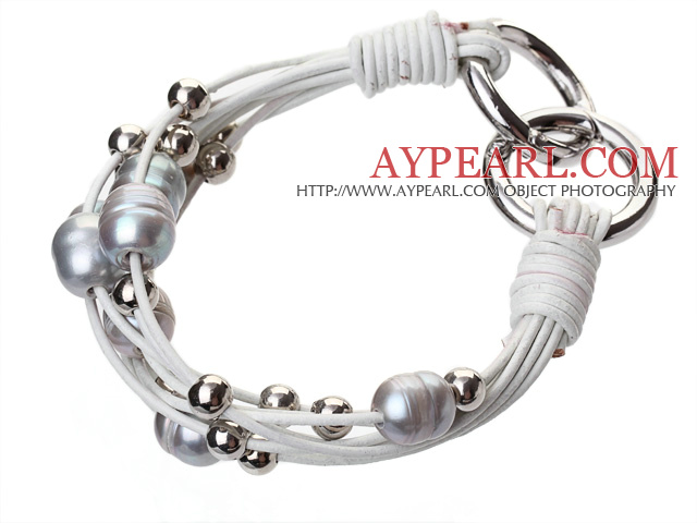 Fashion πολυστρωματικές 10 -11mm Φυσικό γλυκού νερού μαργαριτάρι Gray Silver Γύρος χάντρες και λευκό δερμάτινο βραχιόλι με διπλό Ring Κούμπωμα