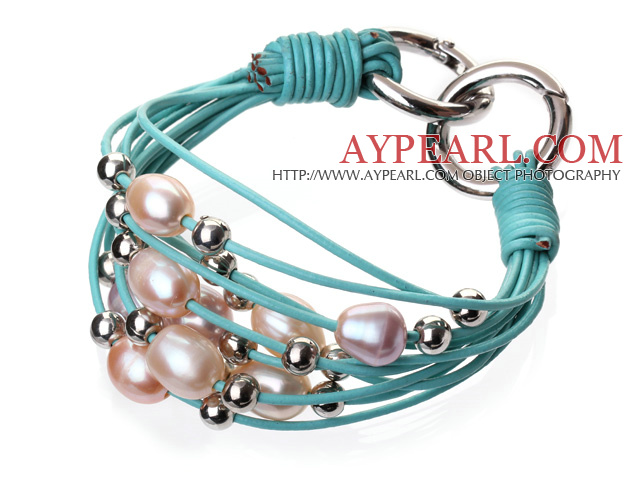 Fashion Multilayer 10-11mm Natural Pink Purple Freshwater Pearl Silver Round Beads And Blue Leather Bracelet With Double-Ring Clasp