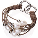 Fashion Multilayer 10-11mm Natural White Freshwater Pearl Silver Round Beads And Brown Leather Bracelet With Double-Ring Clasp