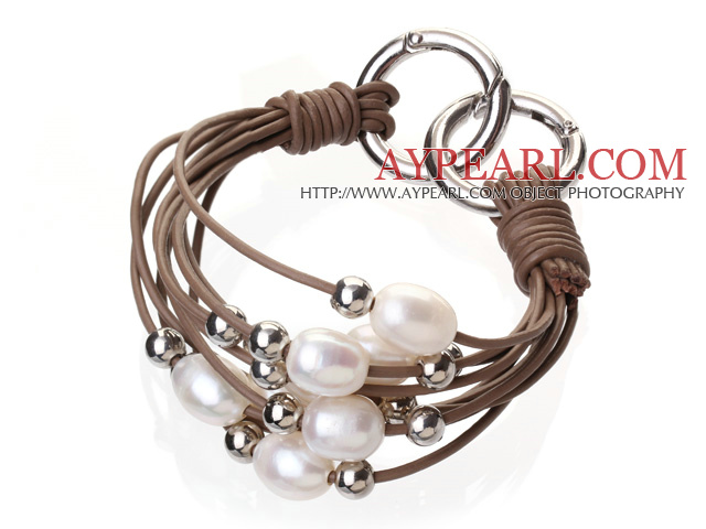 Fashion Multilayer 10-11mm Natural White Freshwater Pearl Silver Round Beads And Brown Leather Bracelet With Double-Ring Clasp