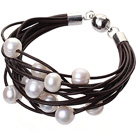 Fashion Multilayer 10-11mm Natural White Freshwater Pearl And Dark Brown Leather Bracelet With Magnetic Clasp