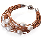 Fashion Multilayer 10-11mm Natural White Freshwater Pearl And Brown Leather Bracelet With Magnetic Clasp