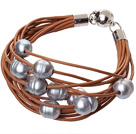 Fashion Multilayer 10-11mm Natural Gray Freshwater Pearl And Brown Leather Bracelet With Magnetic Clasp