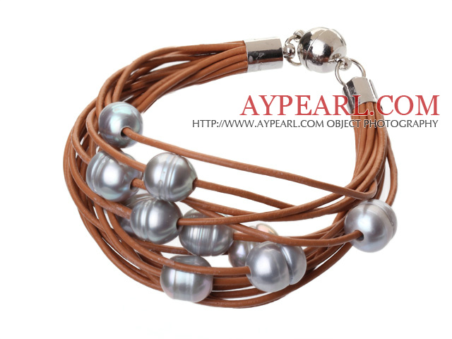 Fashion Multilayer 10-11mm Natural Gray Freshwater Pearl And Brown Leather Bracelet With Magnetic Clasp