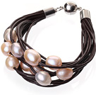 Fashion Multilayer 10-11mm Natural Pink Freshwater Pearl And Dark Brown Leather Bracelet With Magnetic Clasp