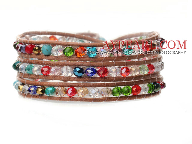 Härlig Multilayer 4mm Colorful Konstgjort Crystal And Handknuten Brown Leather Wrap Bracelet