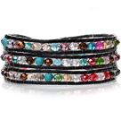 Lovely Multilayer 4mm Colorful Manmade Crystal And Hand Knotted Black Leather Wrap Bracelet