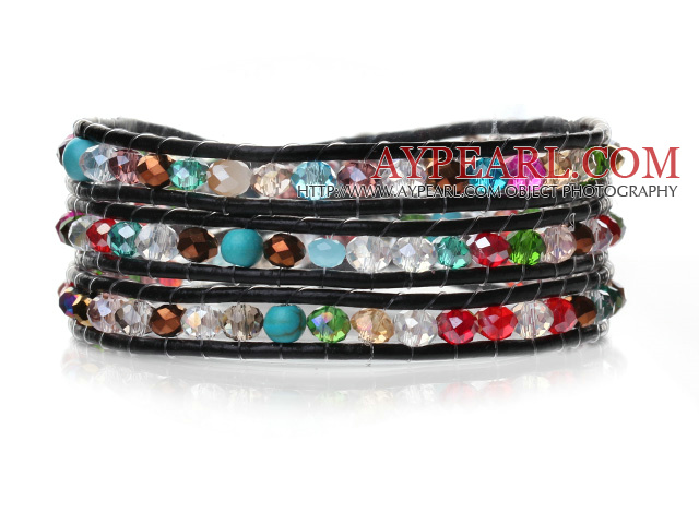 Lovely Multilayer 4mm Colorful Manmade Crystal And Hand Knotted Black Leather Wrap Bracelet