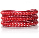 Lovely Multilayer 3.5mm Round Red Coral And Hand Knotted Red Leather Wrap Bracelet