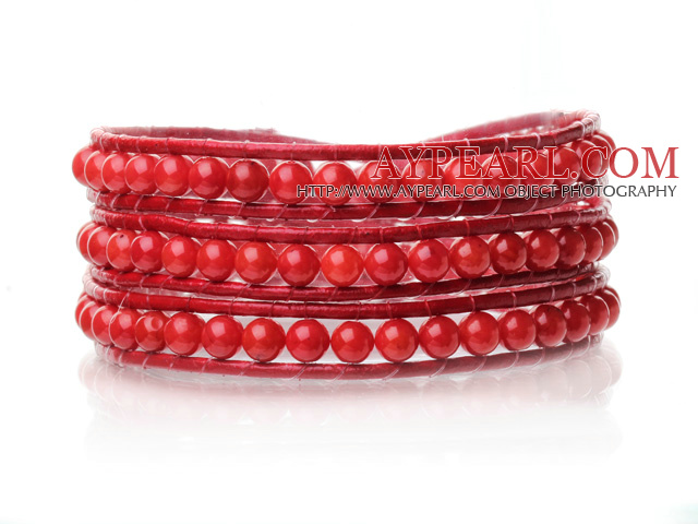 Nydelig multi 3.5mm Round Red Coral Og håndknyttet Red Leather Wrap Bracelet