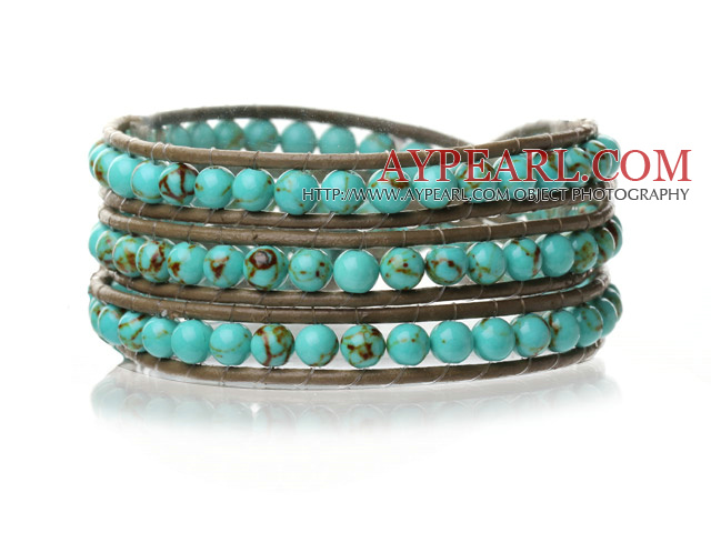 Lovely Multilayer 4mm Round Green Turquoise And Hand Knotted Brown Leather Wrap Bracelet