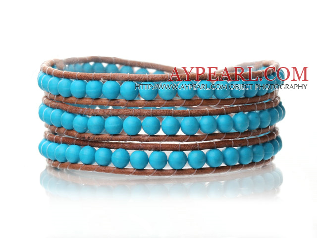 Lovely Multilayer 4mm Round Blue Turquoise And Hand Knotted Brown Leather Wrap Bracelet