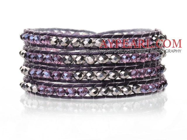 Lovely Multilayer 4mm Mixed Color Manmade Crystal And Hand Knotted Purple Leather Wrap Bracelet