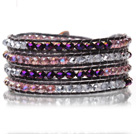 Wholesale Lovely Multilayer 4mm Mixed Color Manmade Crystal And Hand Knotted Brown Leather Wrap Bracelet